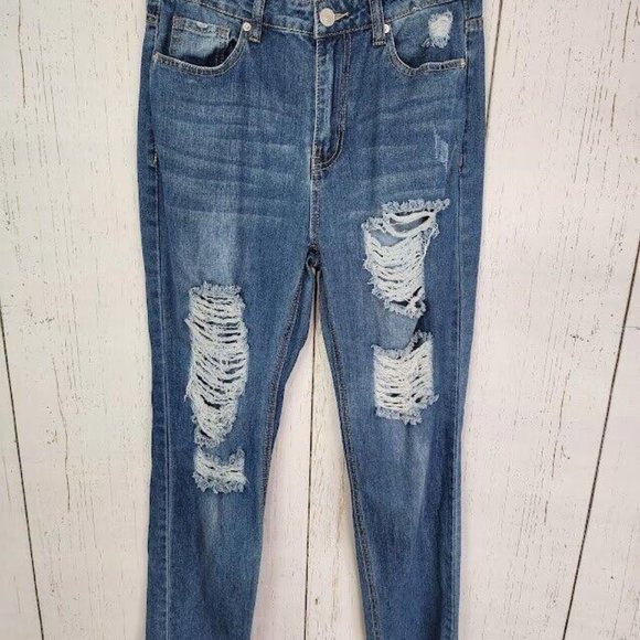 Denim Blvd Size 5 Juniors Distressed Straight‎ Womens Medium Wash Jeans - Picture 1 of 6